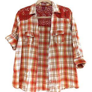 Red Ranch Cotton Red Plaid Embroidered Back Panel 3/4 Sleeve Snap Shirt XL